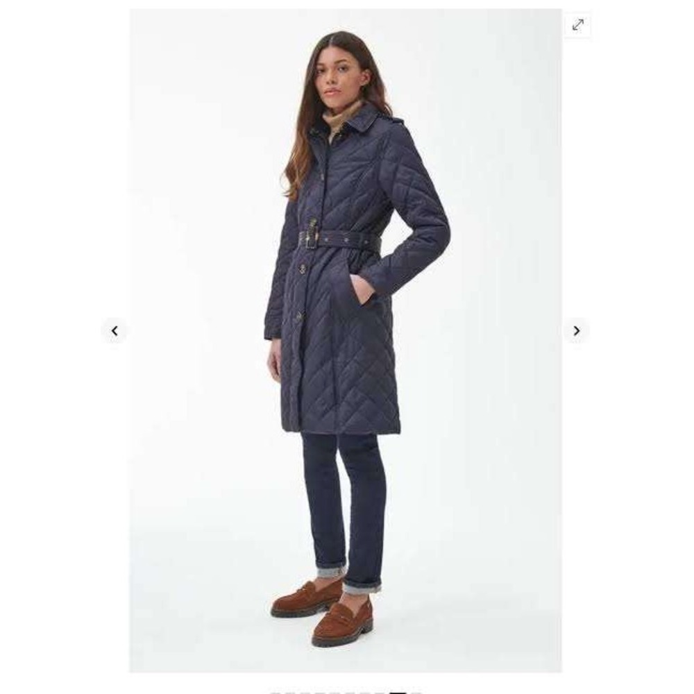 Barbour Modern Heritage Quilted Trench Coat Navy Blue Belted Jacket USA 4 UK 8